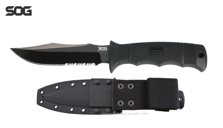 SOG Seal Pup Elite Fixed Blade Knife, AUS 8 Black, GRN Black, Nylon Sheath, E37T-K