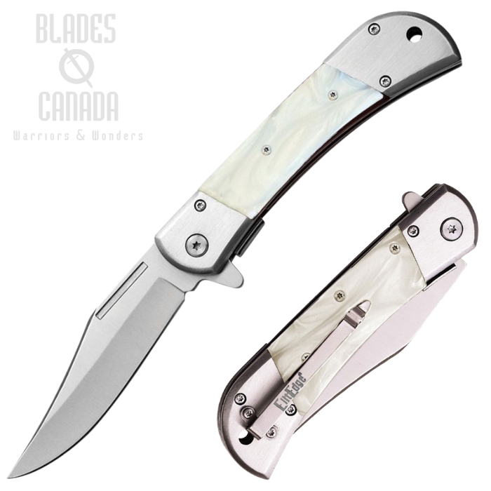 ElitEdge Flipper Folding Knife, Assisted Opening, Stainless Satin, Faux Pearl Handle, EE10009MWP
