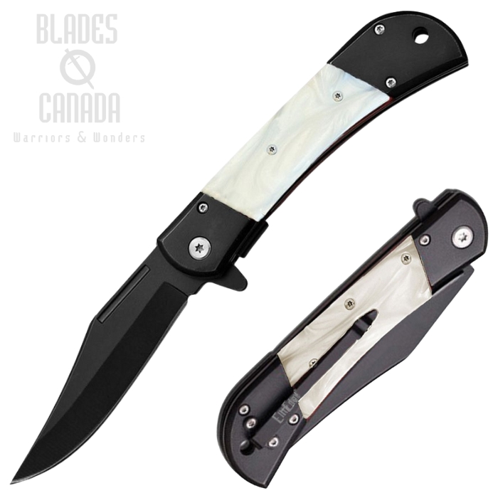 ElitEdge Flipper Folding Knife, Assisted Opening, Stainless Black, Faux Peal Handle, EE10009MWPB