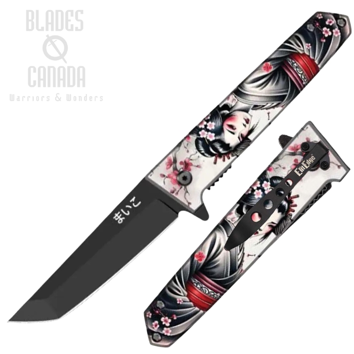 ElitEdge Flipper Folding Knife, Assisted Opening, Stainless Black, Maiko Artwork Handle, EE10A102MKB