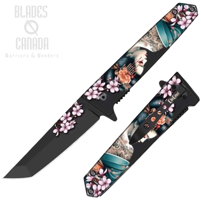 ElitEdge Flipper Folding Knife, Assisted Opening, Stainless Black, Maiko Flower Art Handle, EE10A102MKG