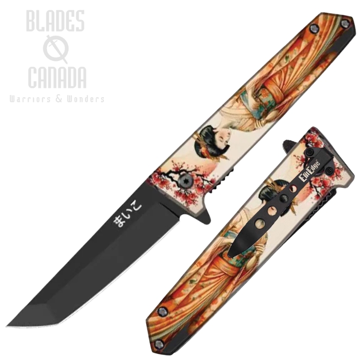 ElitEdge Flipper Folding Knife, Assisted Opening, Stainless Black, Maiko Artwork Handle, EE10A102MKY