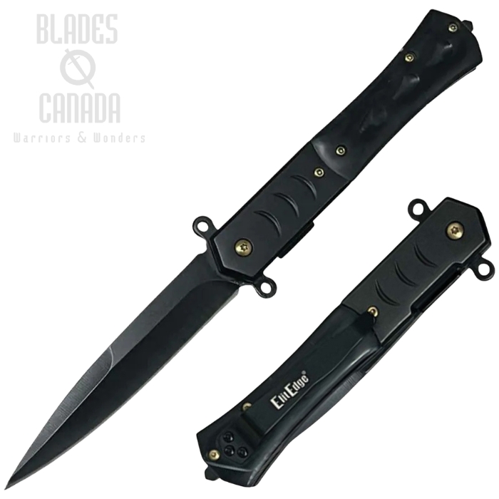ElitEdge Flipper Folding Knife, Stainless Black, Black Swirl Handle, Glass Breaker, EE10A108BKB