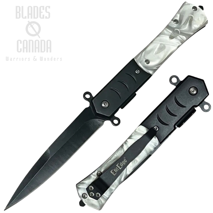 ElitEdge Flipper Folding Knife, Assisted Opening, Stainless Black, White Acrylic Handle, Glass Breaker, EE10A108PB
