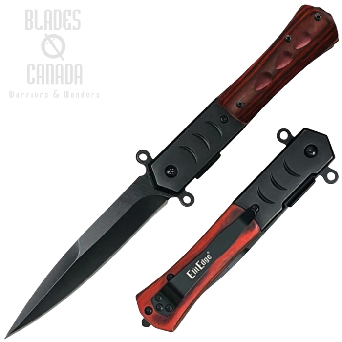 ElitEdge Flipper Folding Knife, Assisted Opening, Stainless Black, Wood Handle, Glass Breaker, EE10A108WB