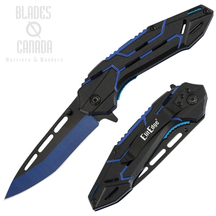 ElitEdge Flipper Folding Knife, Assisted Opening, Stainless Two-Tone, Aluminum Blue/Black, EE10A129BL