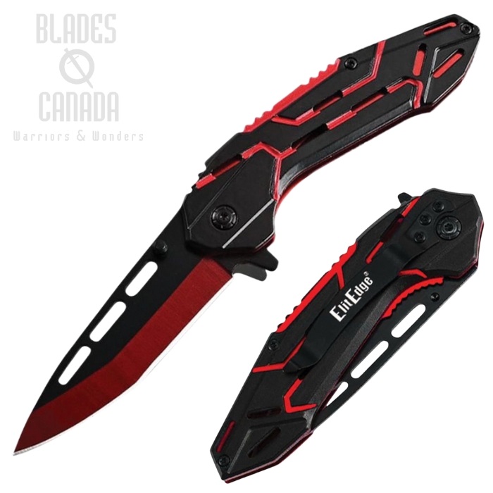 ElitEdge Flipper Folding Knife, Assisted Opening, Stainless Two-Tone, Aluminum Black/Red, EE10A129RD