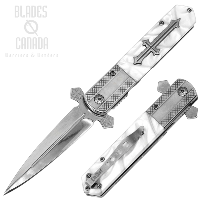 ElitEdge Knight Warrior Folding Knife, Assisted Opening, Stainless Satin, White Handle, EE10A137WP ElitEdge Knight Warrior Folding Knife, Assisted Opening, Stainless Satin, White Handle, EE10A137WP