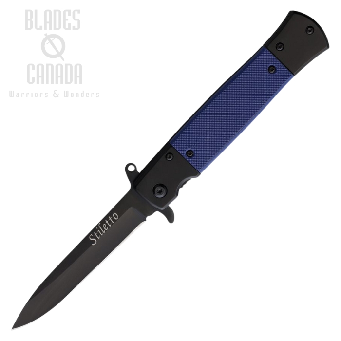ElitEdge Stiletto Flipper Folding Knife, Assisted Opening, Stainless Black, Stainless/G10 Blue, EE10A96BL