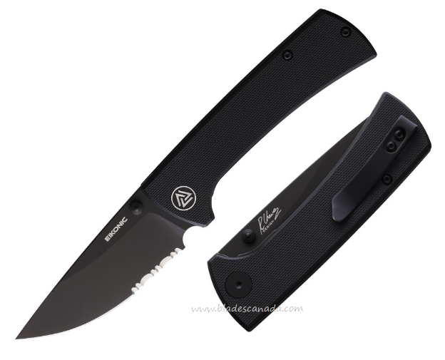 Eikonic RCK9 Folding Knife, D2 Black Partially Serrated, G10 Black, 100BBS