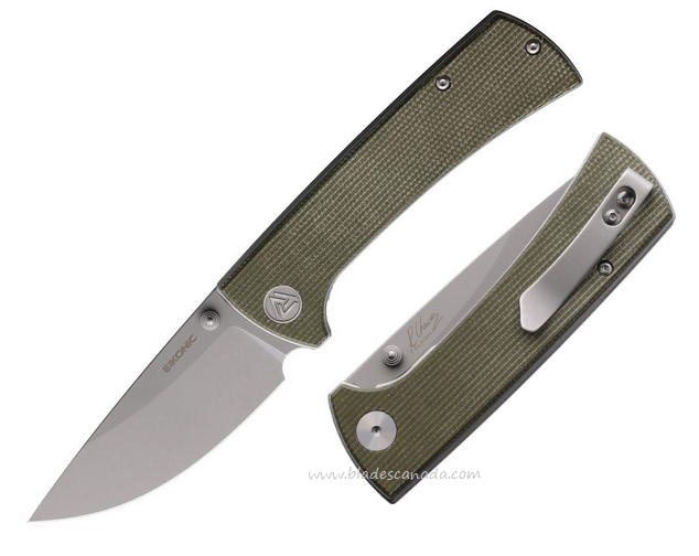 Eikonic RCK9 Folding Knife, D2 Stonewash, Micarta Green Canvas, EKC101SSGN
