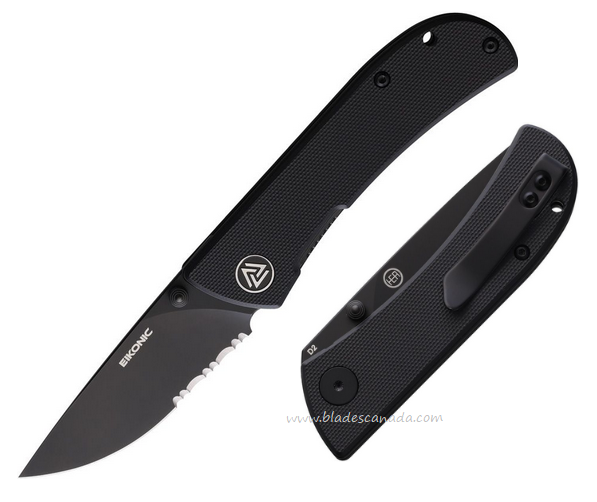 Eikonic Fairwind Folding Knife, D2 Black Partially Serrated, G10 Black, E220BBS