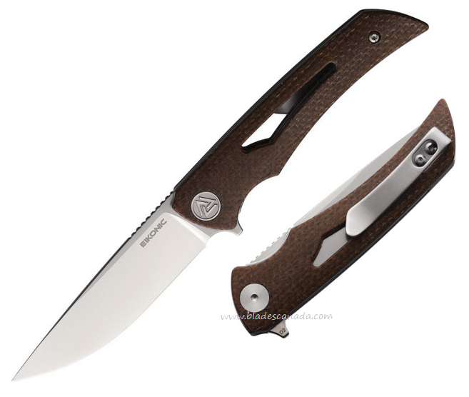 Eikonic Aperture Flipper Folding Knife, D2 Satin, Micarta Brown Canvas, 551SBR