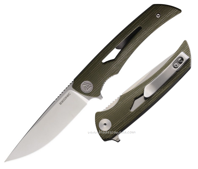 Eikonic Aperture Flipper Folding Knife, D2 Satin, Micarta OD Green Canvas, 551SGN