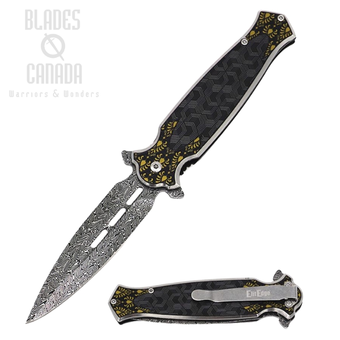 ElitEdge Dagger Flipper Folding Knife, Assisted Opening, Stainless, Stainless Black/Gold, EE10A37DBK
