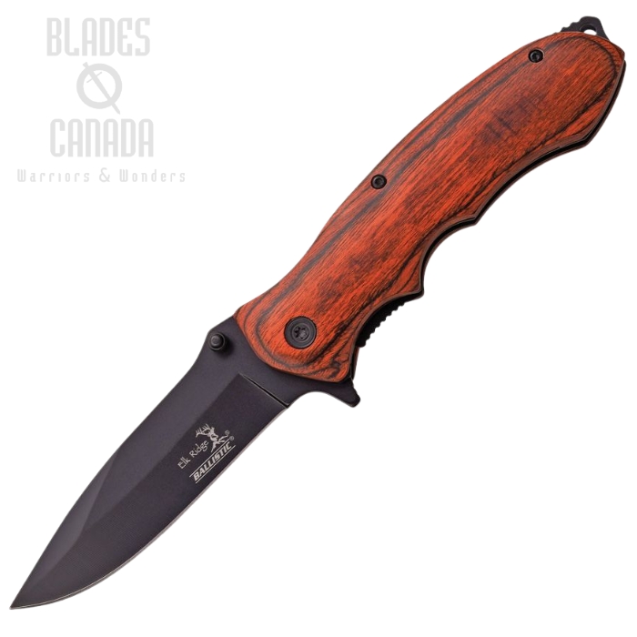 Elk Ridge Flipper Folding Knife, Assisted Opening, Stainless Black, Wood Handle, 160BW