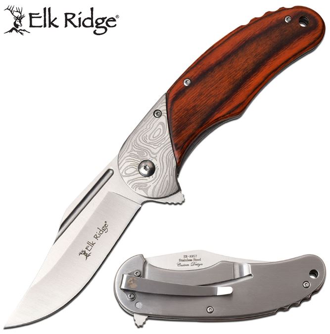 Elk Ridge Knives Flipper Framelock Folder, Brown Pakkawood, Assisted Opening, ERA957BR