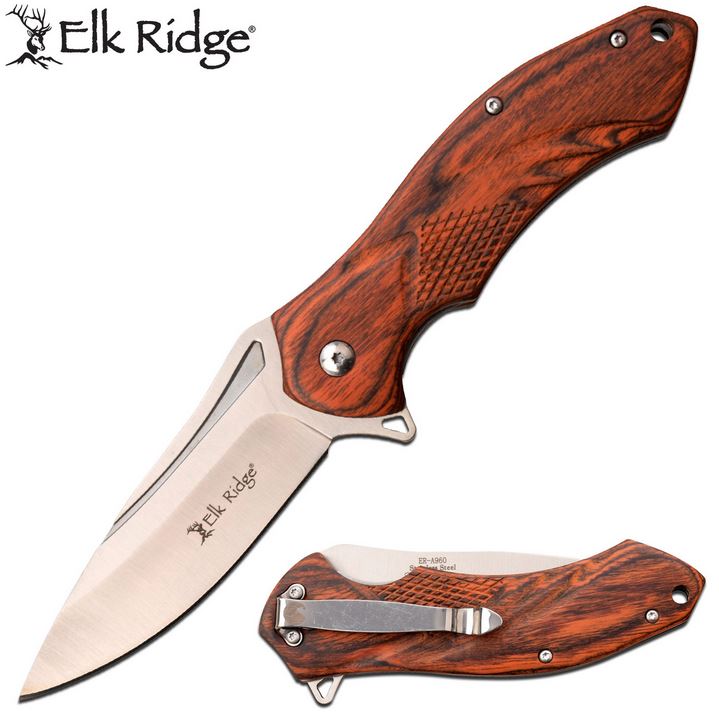 Elk Ridge ERA960BR Flipper Folding Knife, Assisted Opening, Brown Pakkawood
