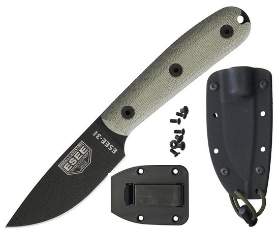 ESEE 3HM-K Fixed Blade Knife, 1095 Carbon, Modified Micarta Handle, Kydex Sheath, 3HMK