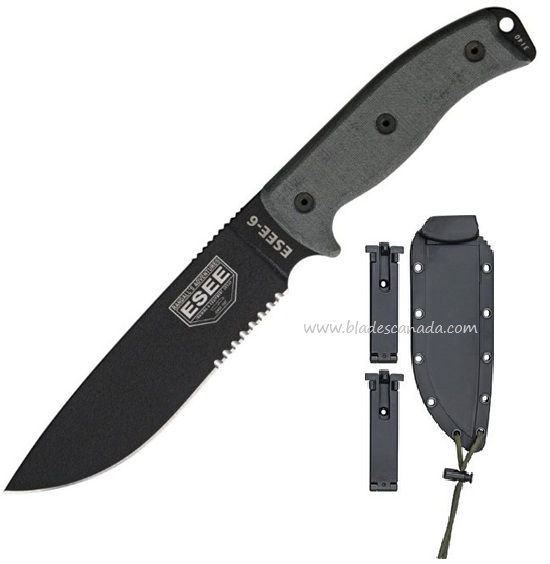 ESEE 6S-B Fixed Blade Knife, 1095 Carbon, Micarta Handle, Black Molded Sheath, 6S-B
