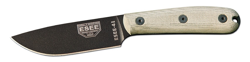 ESEE 4HM-B Fixed Blade Knife, 1095 Carbon, Modified Micarta Handle, Leather Sheath, 4HM-B