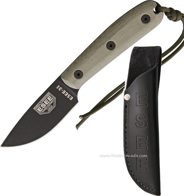ESEE 3HM Fixed Blade Knife, 1095 Carbon, Modified Micarta Handle, Leather Sheath