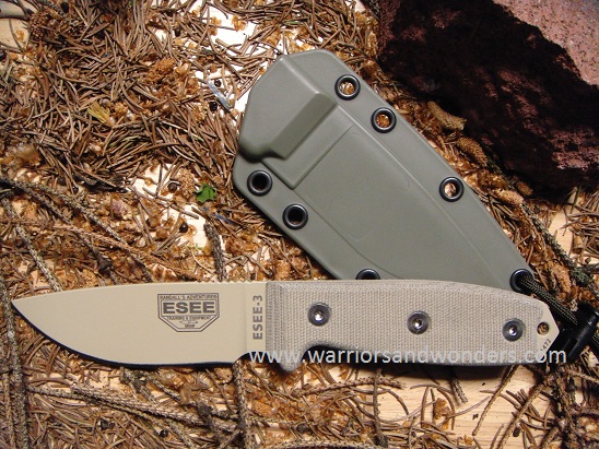 ESEE 3P-DT Fixed Blade Knife, 1095 Carbon Desert Tan, Micarta, OD Green Molded Sheath - Click Image to Close