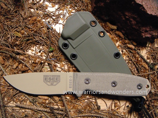 ESEE 3PM-DT Fixed Blade Knife, 1095 Carbon Desert Tan, Micarta Rounded Pommel, Nylon Sheath