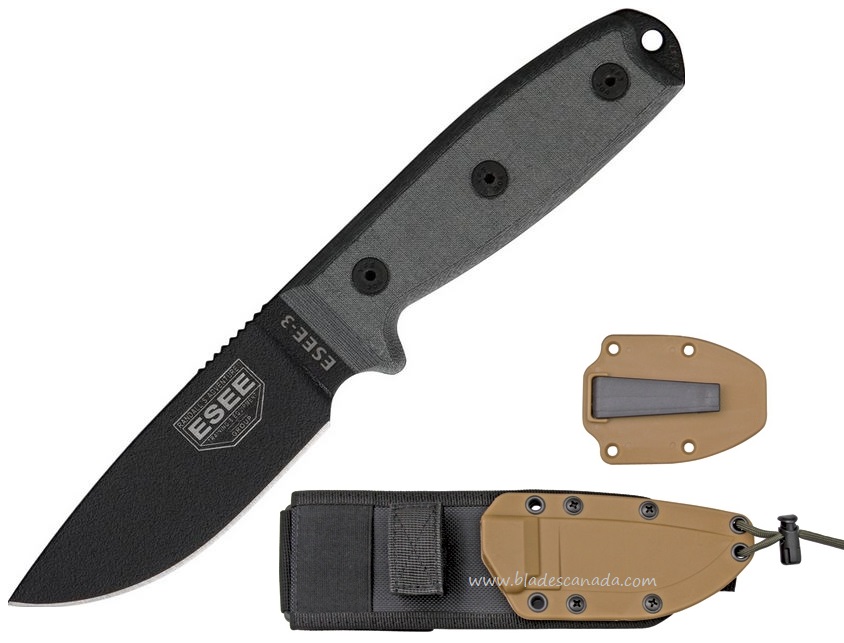 ESEE 3PM-MB Fixed Blade Knife, 1095 Carbon, Micarta Rounded Pommel, Nylon Brown Sheath w/MOLLE, 3PM-MB