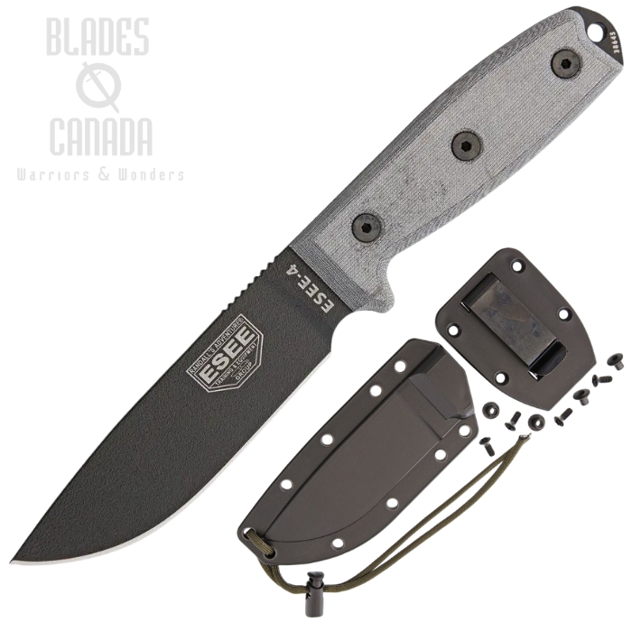 ESEE 4PB Fixed Blade Knife, 1095 Carbon, Micarta Handle, Molded Sheath, 4P-B