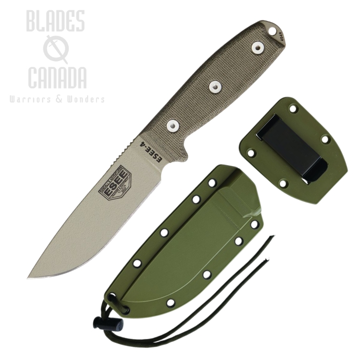 (image for) ESEE 4P-DT Fixed Blade Knife, 1095 Carbon Desert Tan, Micarta, OD Green Molded Sheath, 4P-DT