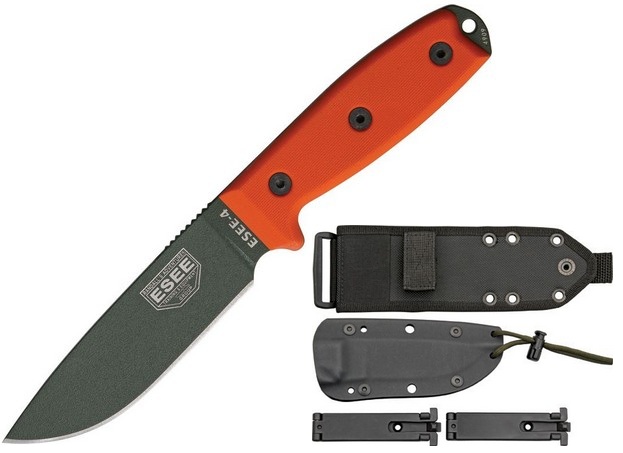 ESEE 4P-MB-OD Fixed Blade Knife, 1095 Carbon OD Green, G10 Orange, Black Sheath w/MOLLE, 4P-MB-OD