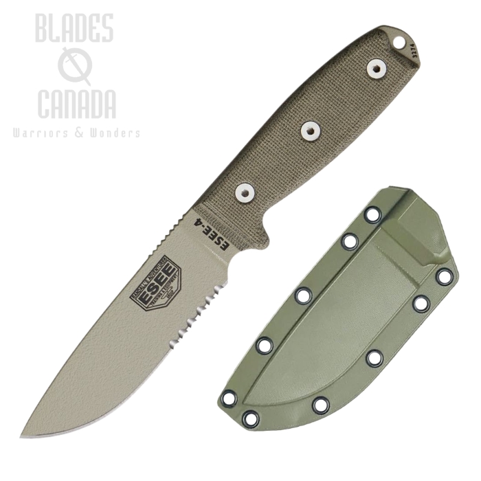 (image for) ESEE 4S-DT Fixed Blade Knife, 1095 Carbon Desert Tan, Micarta, Ambidextrous sheath, 4S-DT