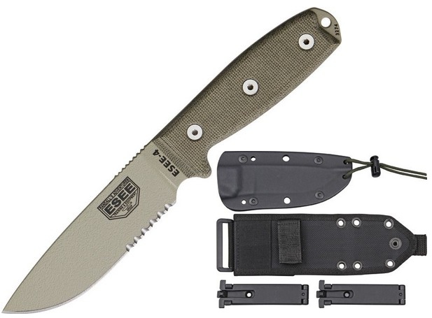 ESEE 4S-MB-DT Fixed Blade Knife, 1095 Carbon Desert Tan, Micarta, Green Sheath w/MOLLE, 4S-MB-DT