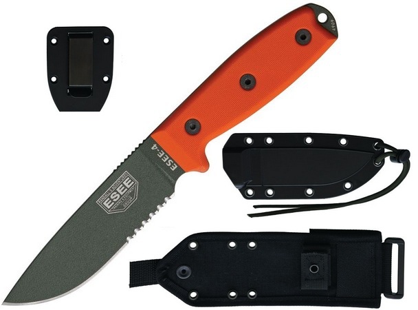 ESEE 4SMB-OD Fixed Blade Knife, 1095 Carbon OD Green, G10 Orange, Black Sheath w/MOLLE, 4SMB-OD