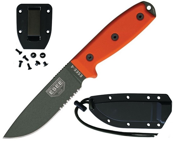 ESEE 4S-OD Fixed Blade Knife, 1095 Carbon OD Green, G10 Orange, Black Sheath, 4S-OD