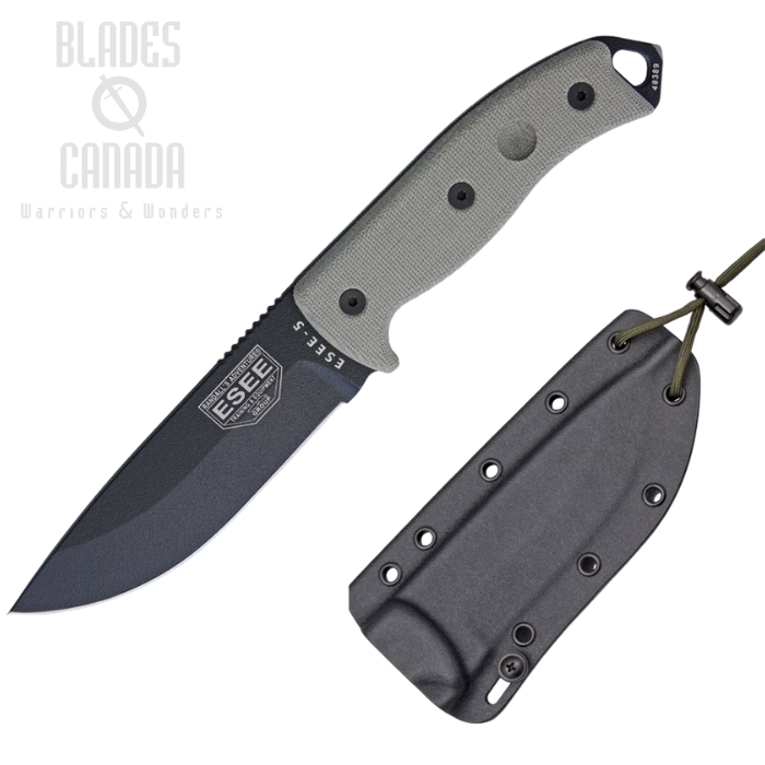 ESEE 5P-E Fixed Blade Knife, 1095 Carbon, Canvas Micarta, Kydex Sheath, 5P-E
