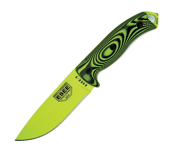 ESEE 5PVG-007 Fixed Blade Knife, 1095 Carbon Venom Green, G10 3D Black/Venom Green, Kydex Sheath, 5PVG-007