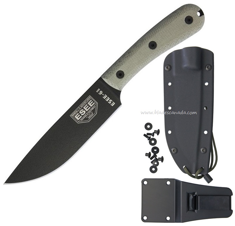 ESEE 6-HM-K Fixed Blade Knife, 1095 Carbon, Modified Micarta Handle, Kydex Sheath, 6-HM-K