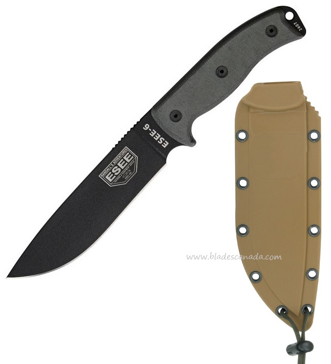 ESEE 6P Fixed Blade Knife, 1095 Carbon, Micarta Handle, Coyote Sheath