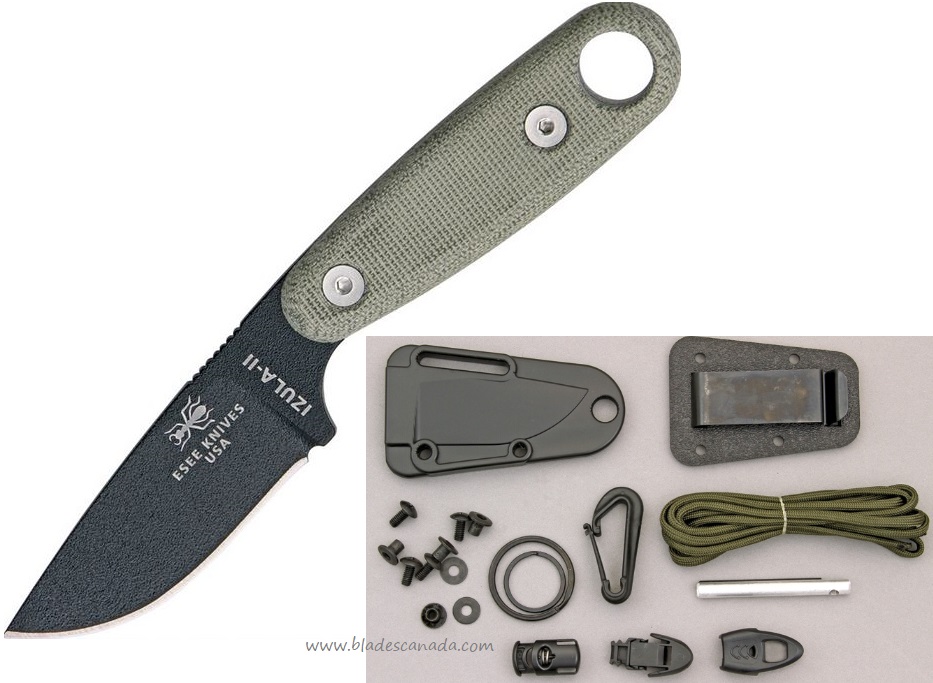 ESEE Izula II w/KIT Fixed Blade Knife, 1095 Carbon, Canvas Micarta, Molded Sheath, IZULA-II-B-KIT