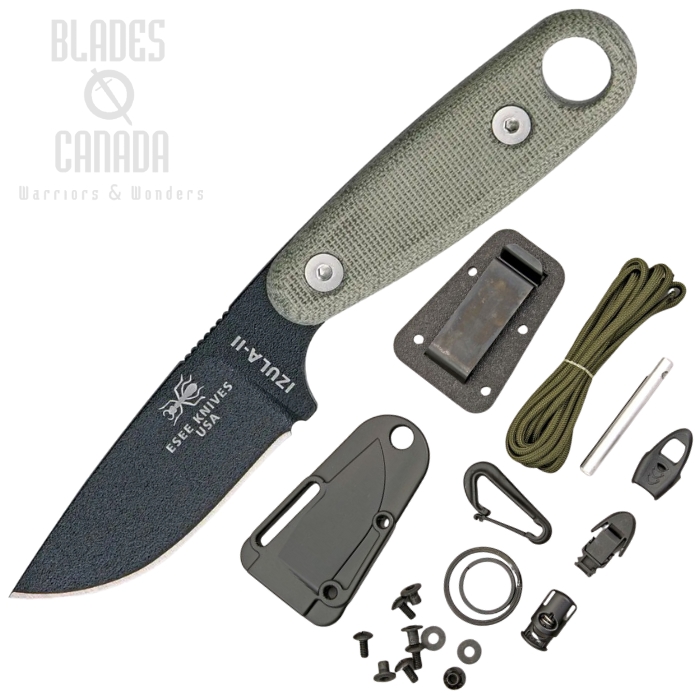 ESEE Izula II w/KIT Fixed Blade Knife, 1095 Carbon, Canvas Micarta, Molded Sheath, IZULA-II-B-KIT
