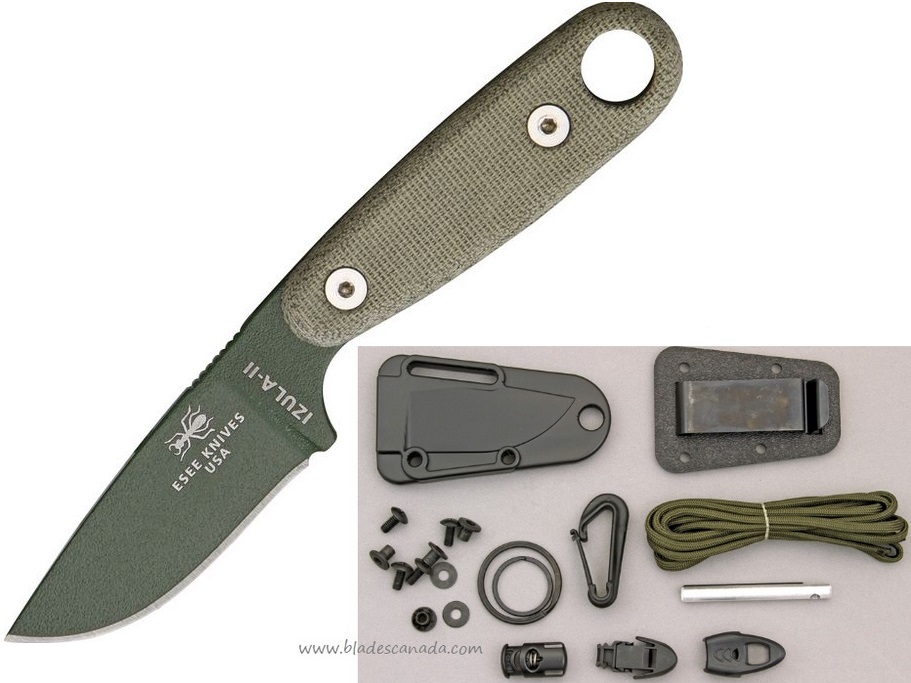 ESEE Izula II w/KIT Fixed Blade Knife, 1095 Carbon OD, Micarta, Molded Sheath, IZULA-II-OD-KIT