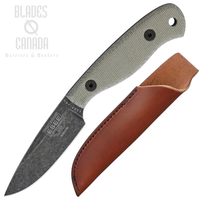 ESEE JG3-BO Camp-Lore Fixed Blade Knife, 1095 Carbon, Micarta Handle, Leather Sheath, JG3-BO