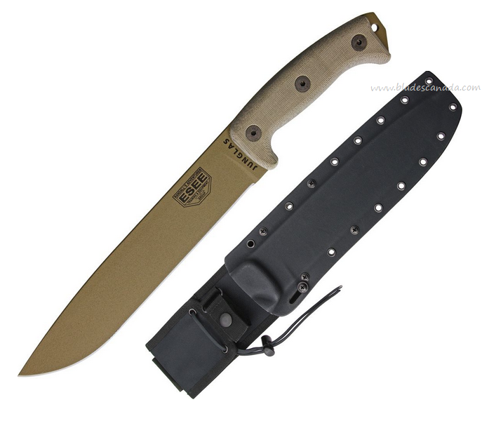 ESEE Junglas Fixed Blade Knife, 1095 Carbon Dark Earth, Micarta Handle, Kydex Sheath w/MOLLE - Click Image to Close