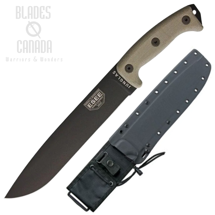 ESEE Junglas Fixed Blade Knife, 1095 Carbon, Canvas Micarta, Kydex Sheath, JUNGLAS-E