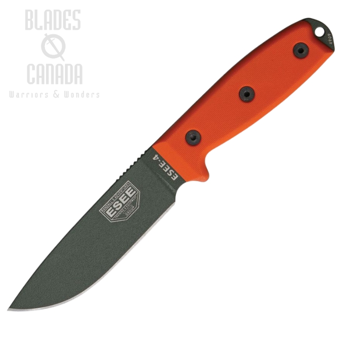 ESEE Model 4 Fixed Blade Knife, 1095HC Foliage Green, G10 Orange, No Sheath, 4P-KO-OD