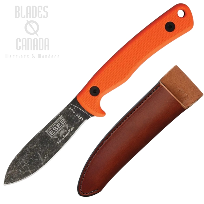 ESEE AGK Ashley Emerson Game Fixed Blade Knife, 1095 Carbon, G10 Orange, Leather Sheath, ESEEAGKOR