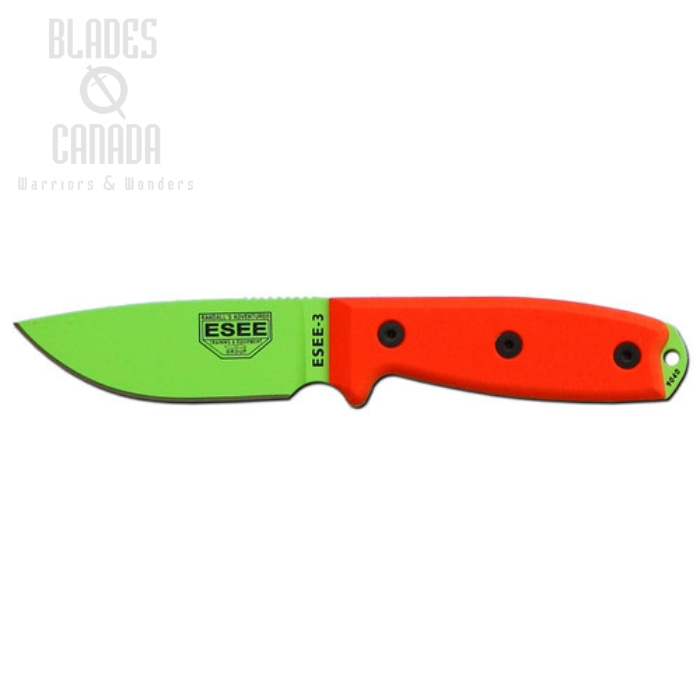 ESEE 3PM-VG Fixed Blade Knife, 1095 Carbon Venom Green, G10 Orange Rounded Pommel, Nylon Sheath, 3PM-VG