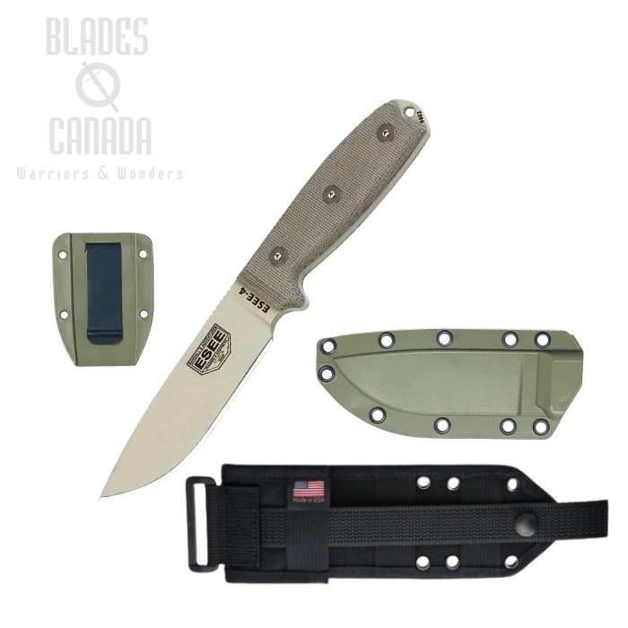 (image for) ESEE 4P-MB-DT Fixed Blade Knife, 1095 Carbon Desert Tan, Micarta, Green Sheath MOLLE, 4P-MB-DT